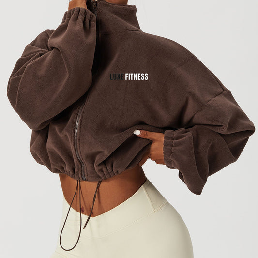 LUXE VIBES CROP FLEECE JACKET - BROWN